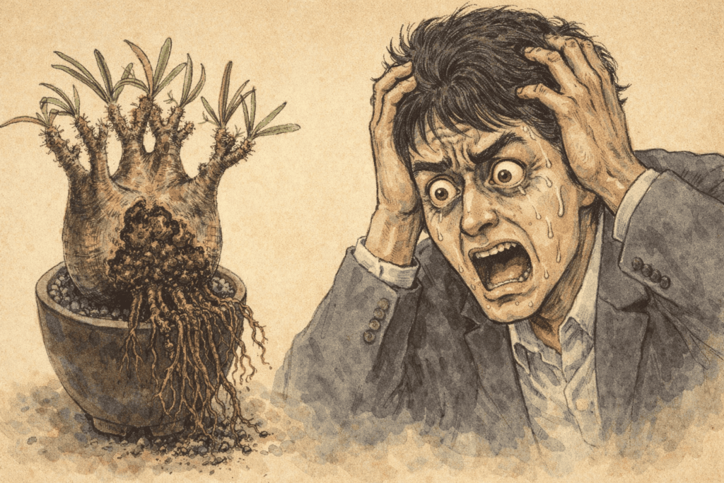 根腐れしたグラキリスに絶望する男性