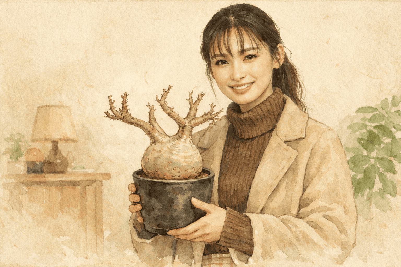 冬にグラキリスを室内に取り込む女性