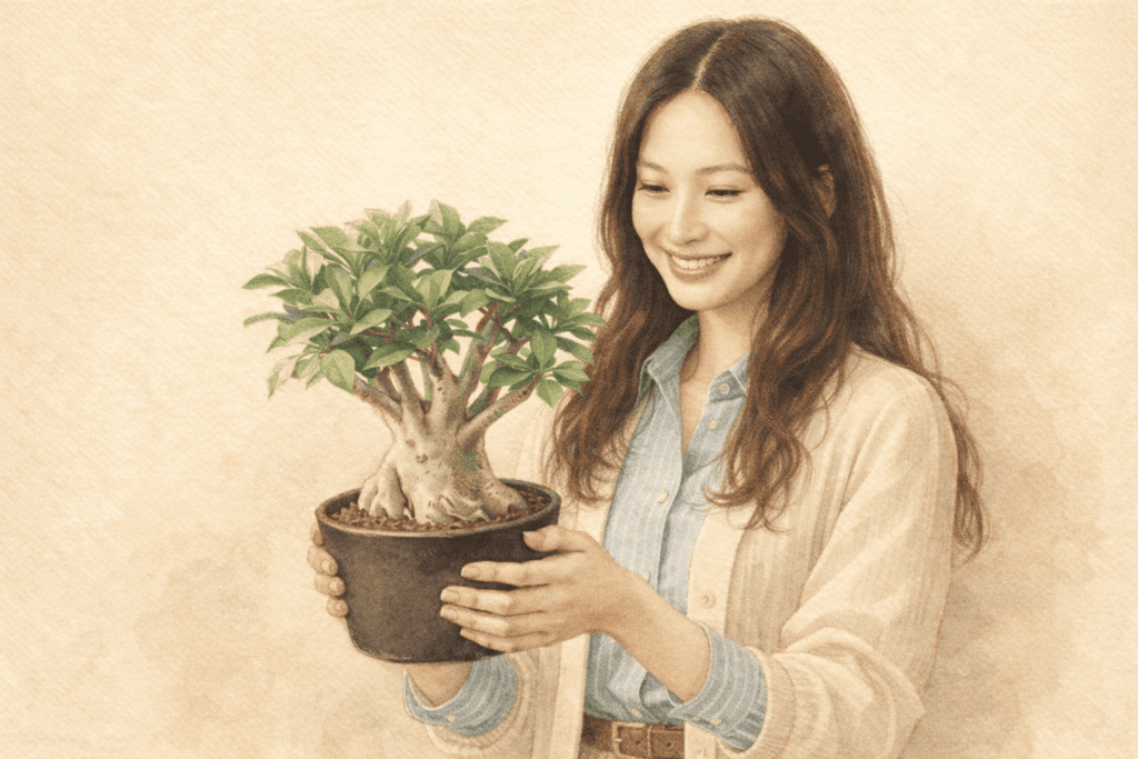 新しいアデニウムをお迎えして喜ぶ女性