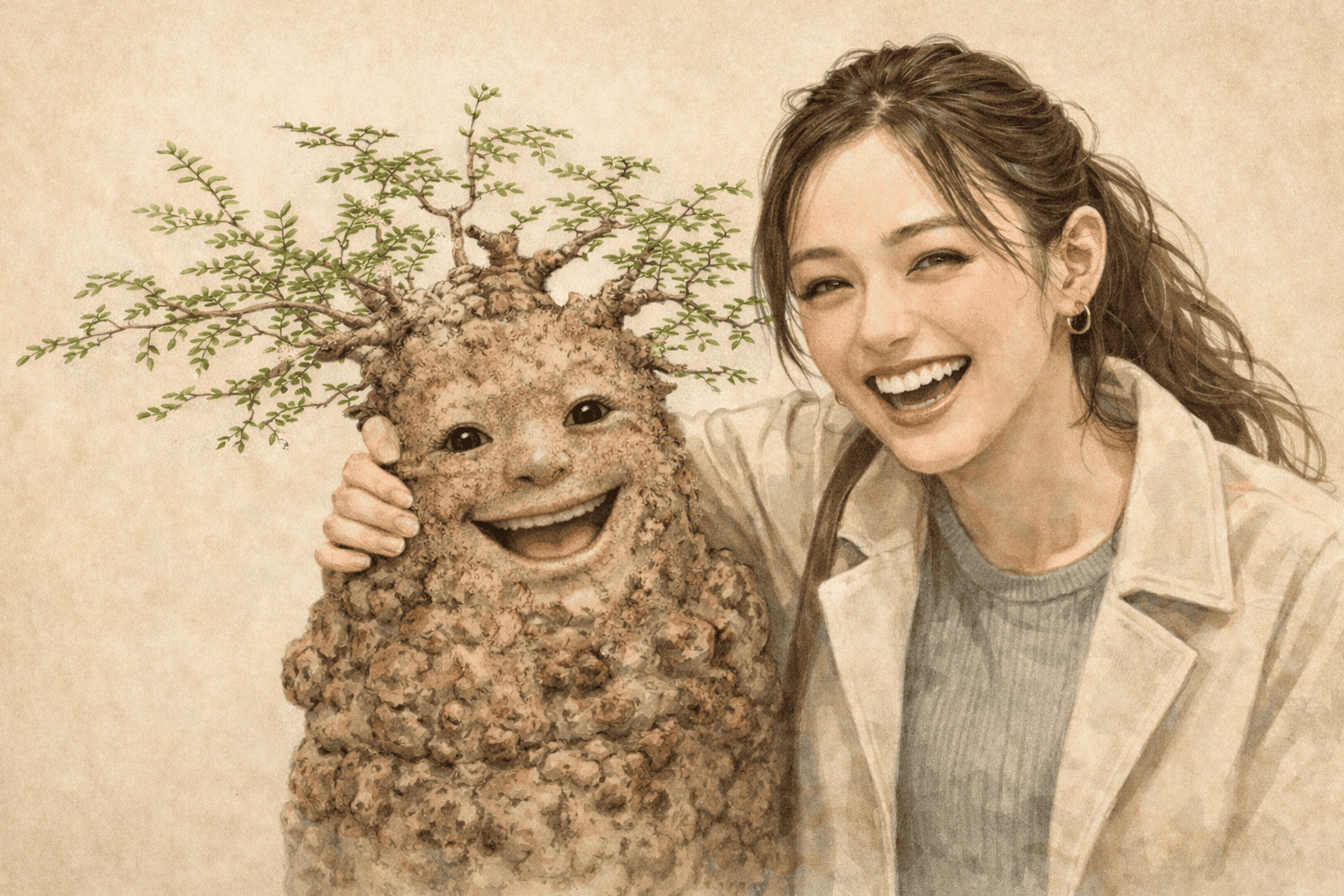 人間とオペルクリカリアパキプスが仲良くしている様子