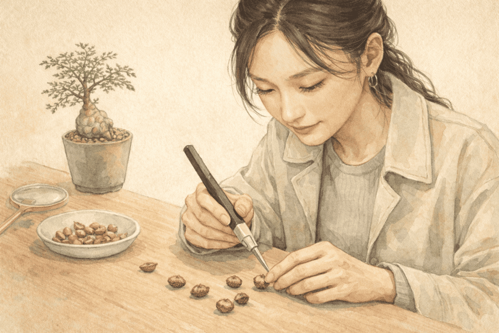 オペルクリカリアパキプスの種の蓋を取る女性