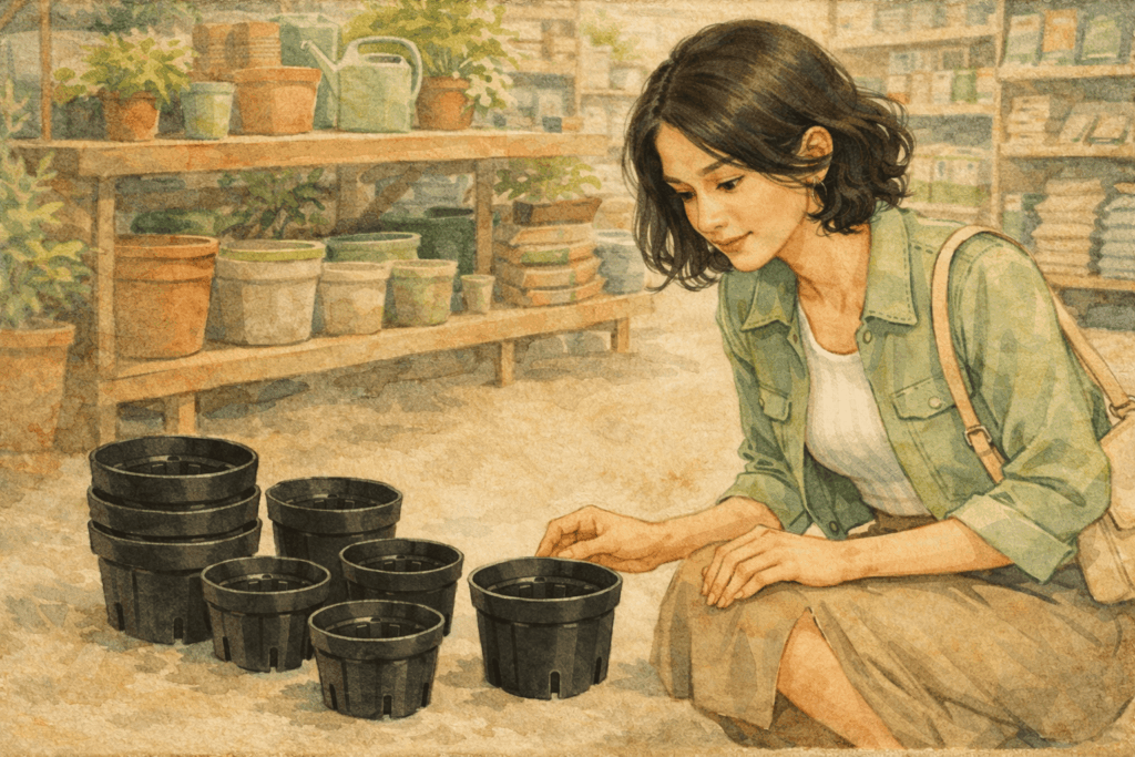 スリット鉢を見る女性