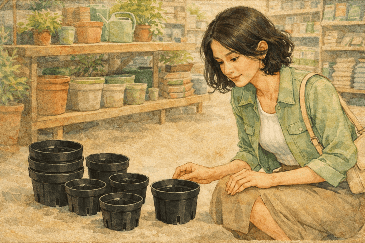 スリット鉢を見る女性